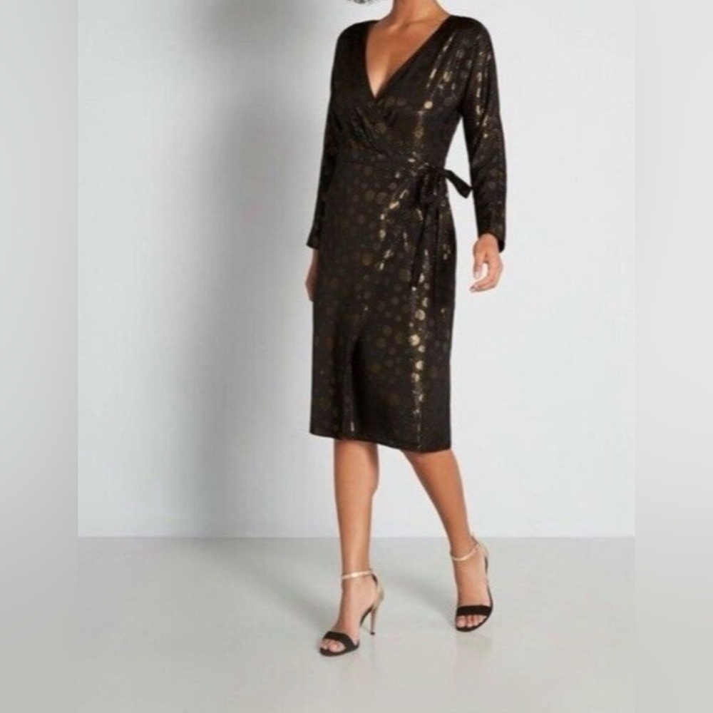 ModCloth Golden Record Party Wrap Dress XS Black Gold Metallic Retro Chic NWT